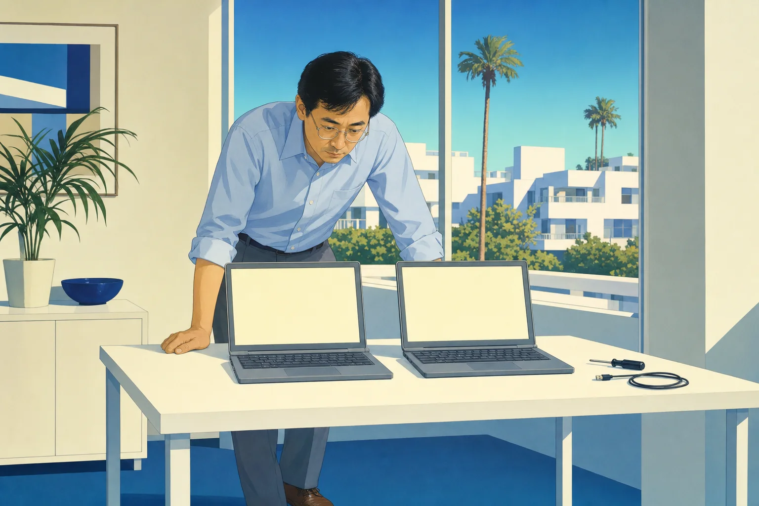 田村さんの机に2台のノートPCと設定手順のメモ