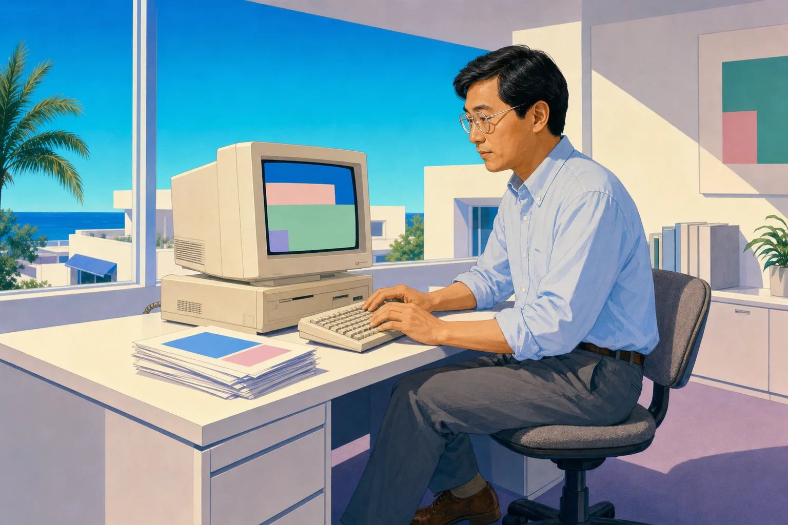 伝票の束とキーボードに向かう田村さんの手元