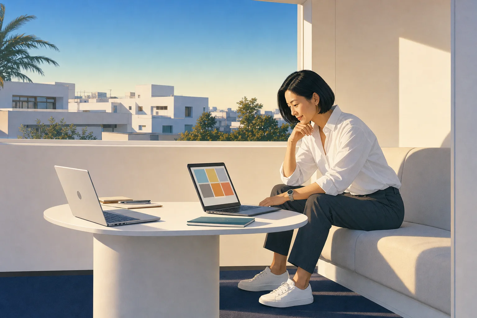 ノートPCの画面に、色分けされた受注状況の一覧が表示される