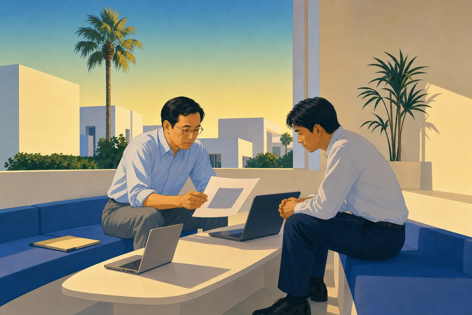 見積書を前に腕を組む社長と田村さん