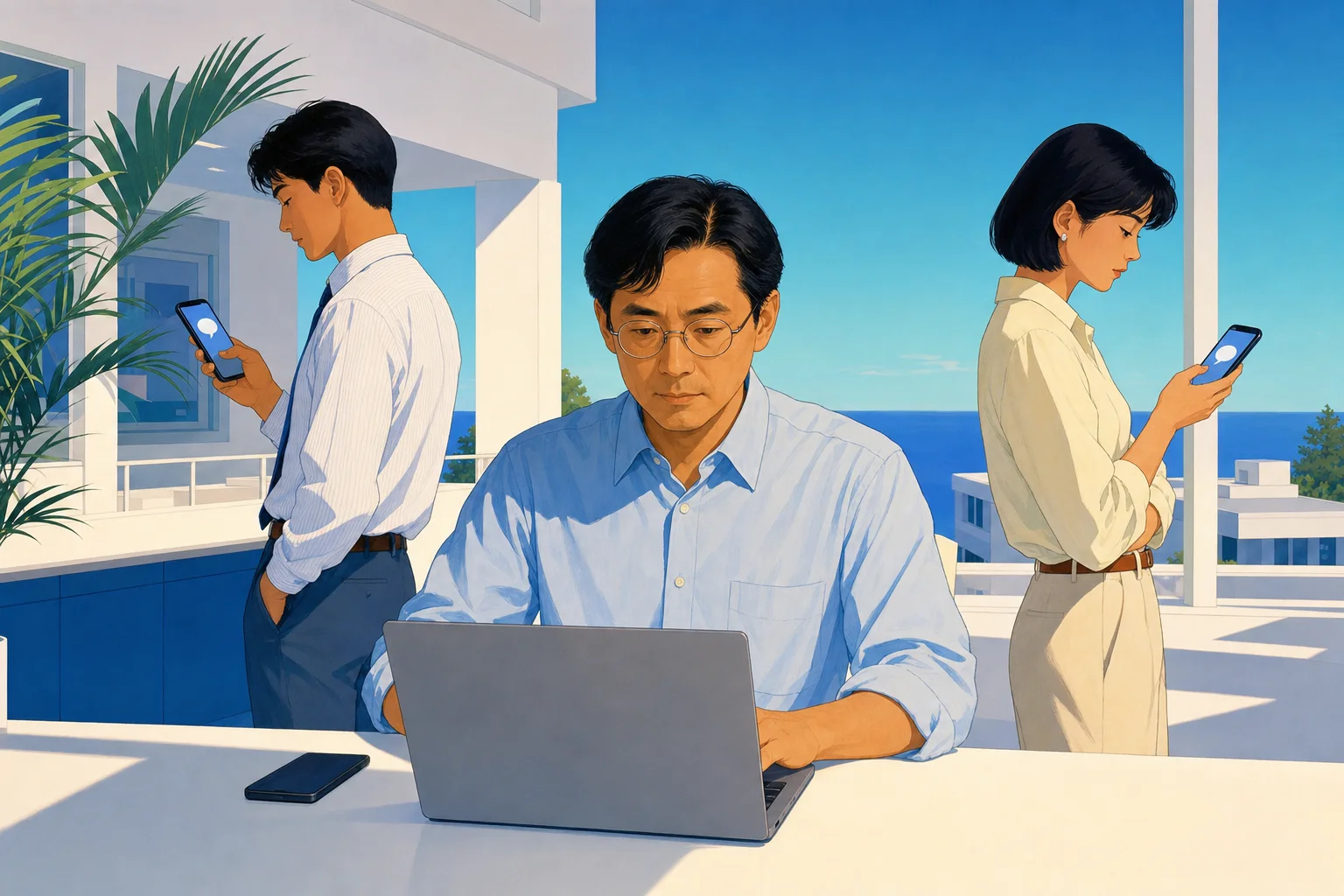 各自のスマホでChatGPTを開く社員2人