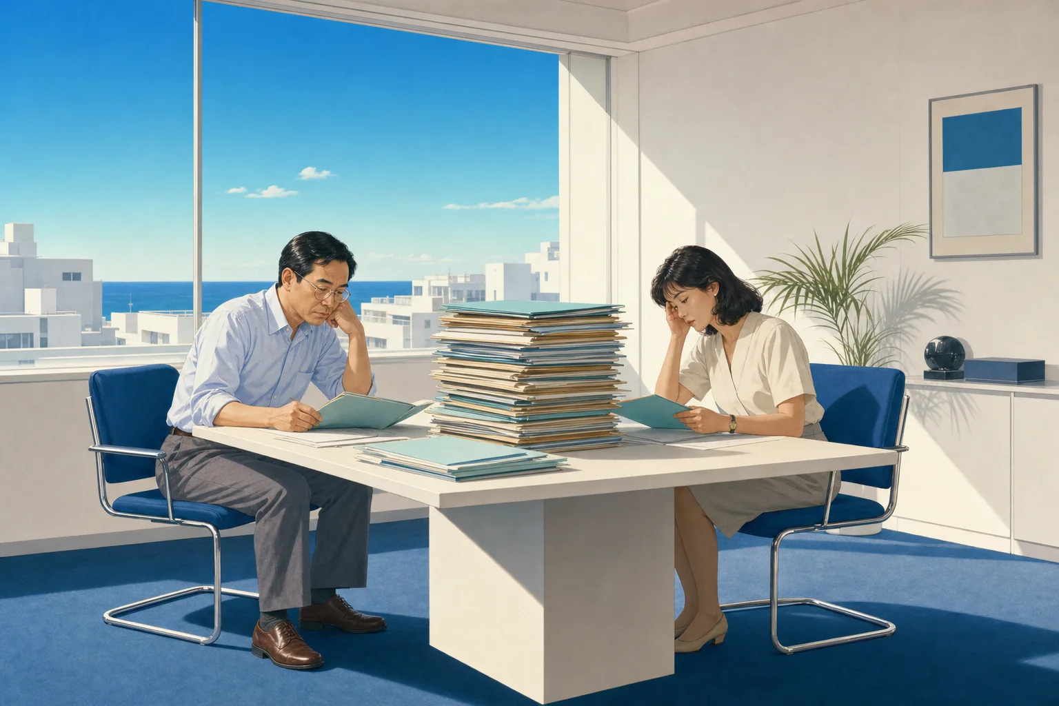 10社分の規約を並べて読む田村さんの後任と事務担当