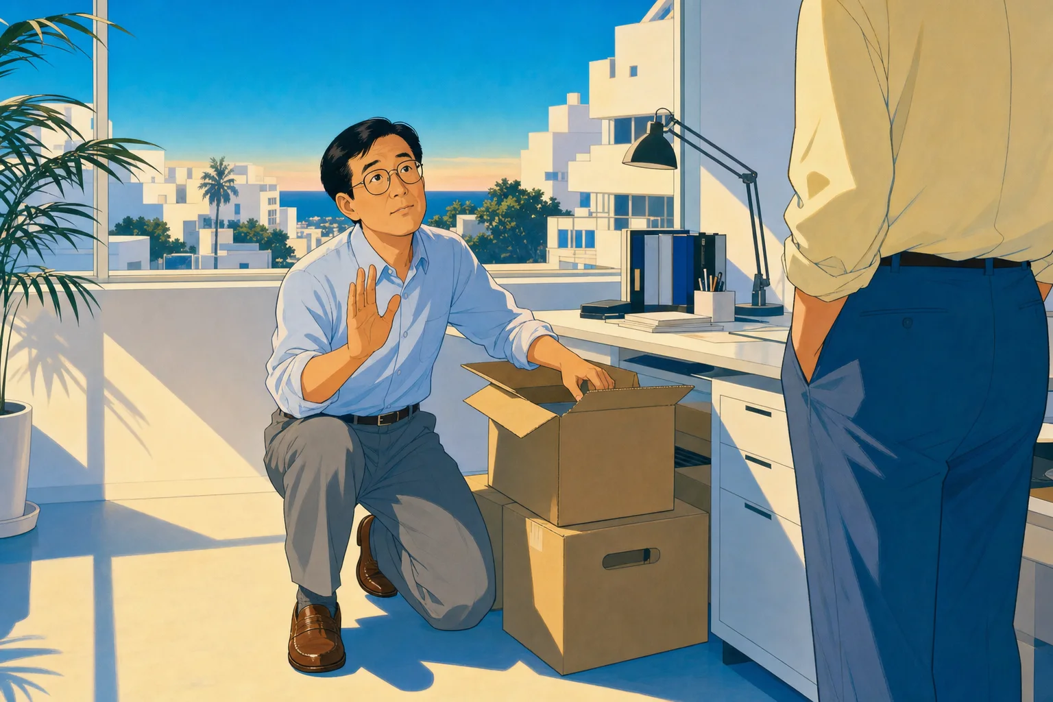 返品の箱を前に頭を下げる担当者