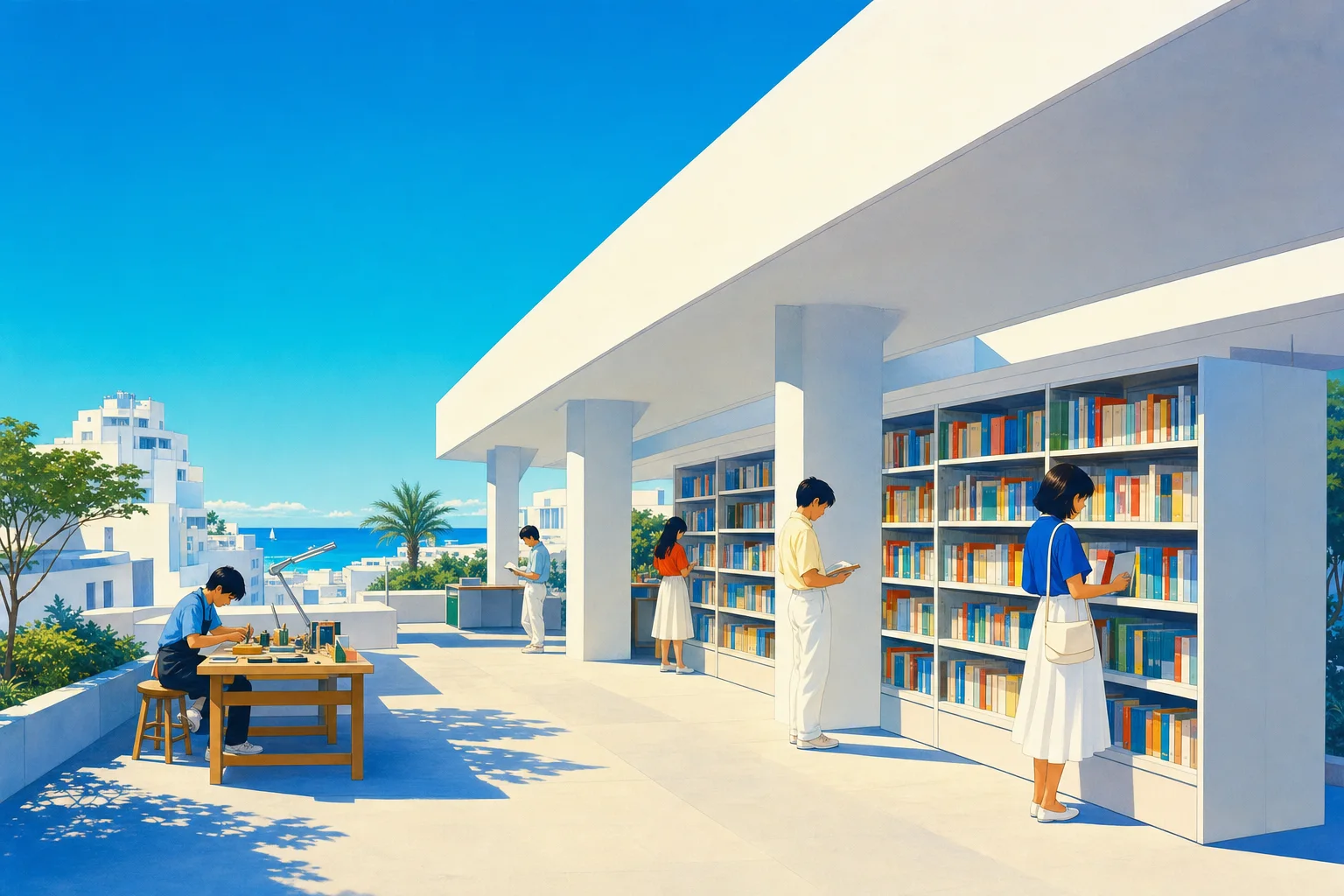 白い屋根の下に本棚が並ぶ、明るい図書館の広場のイラスト