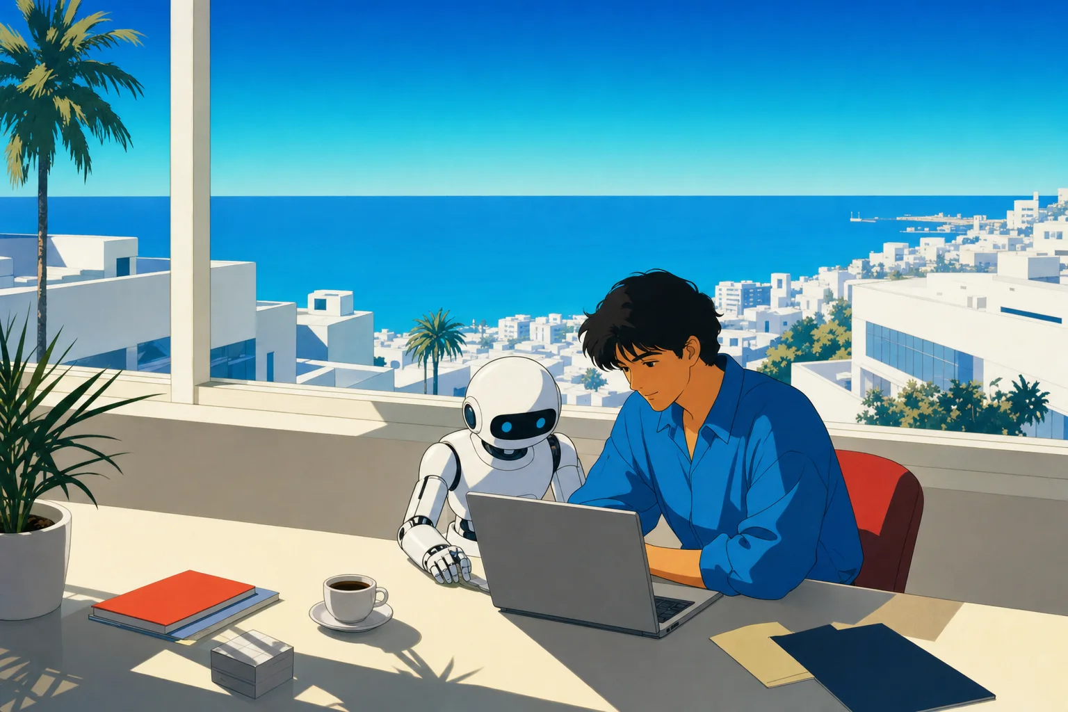 窓辺の机で、人と小さなロボットが同じノートパソコンを見ているイラスト
