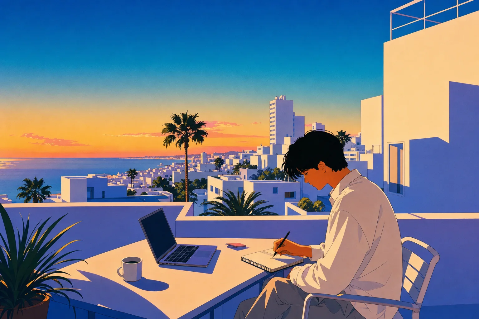 夕暮れの屋上で、ノートに書き込む人のイラスト