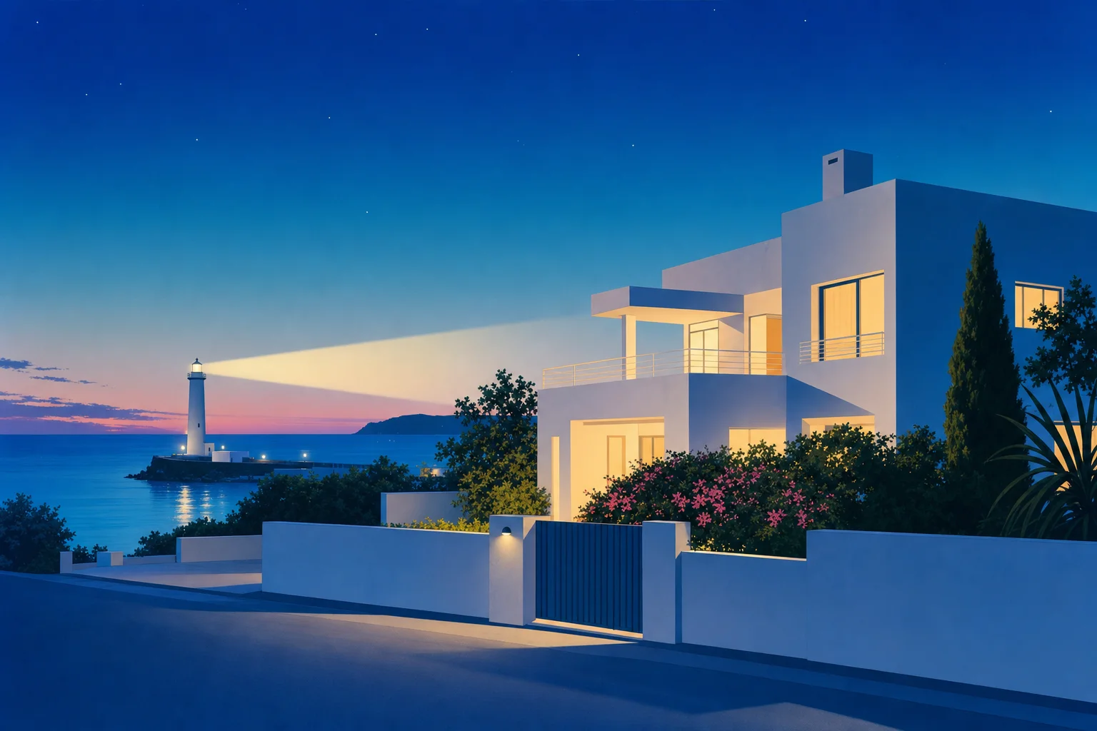夕暮れの白い建物と、海辺の灯台のイラスト
