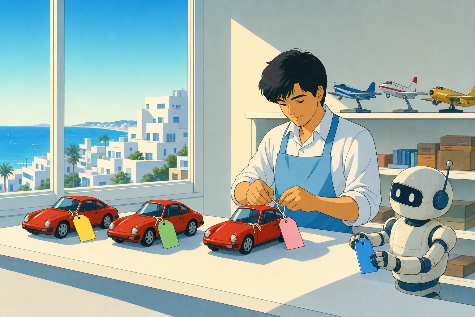 同じ玩具の車3台に色違いの札を付ける店員