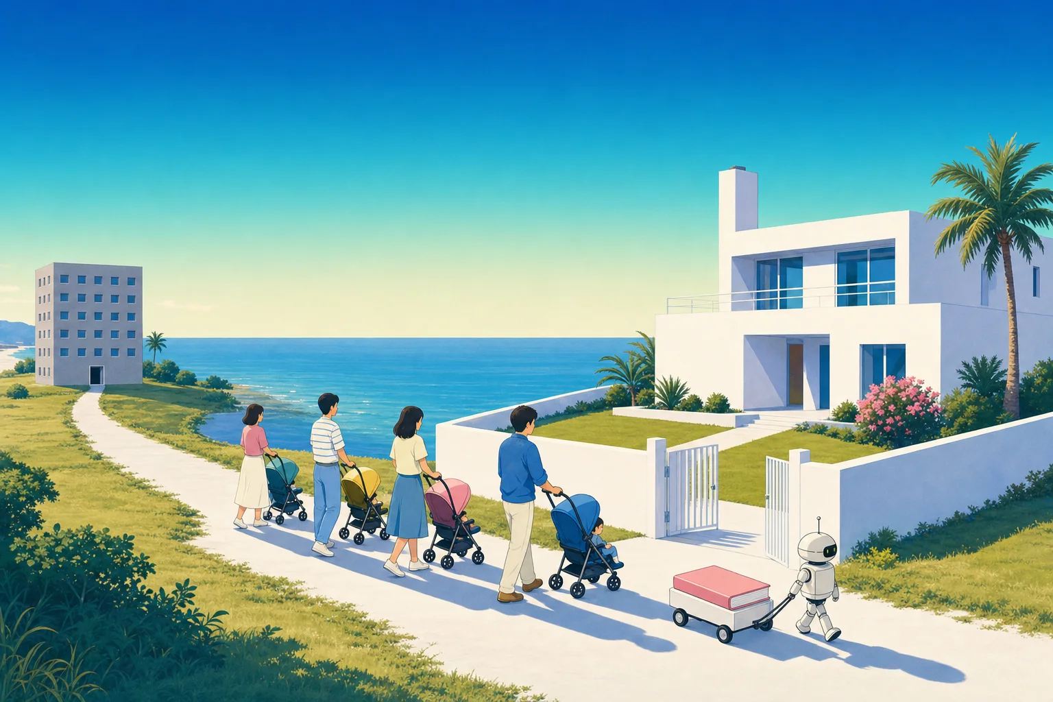 借りた建物から自分たちの白い家へ、名簿を運ぶ親たちの列