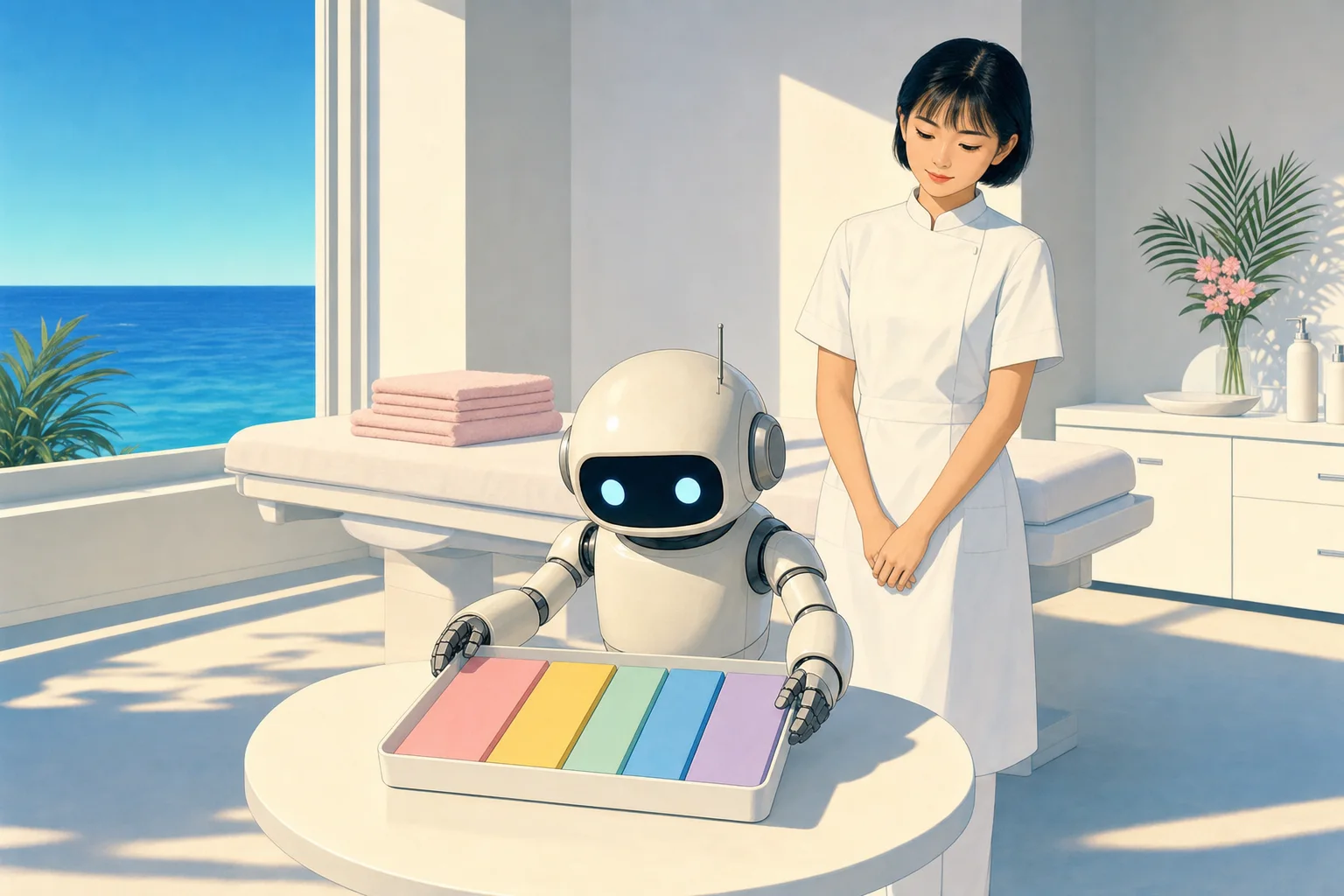 サロンで5色のファイルを1つのトレイに集めるロボット