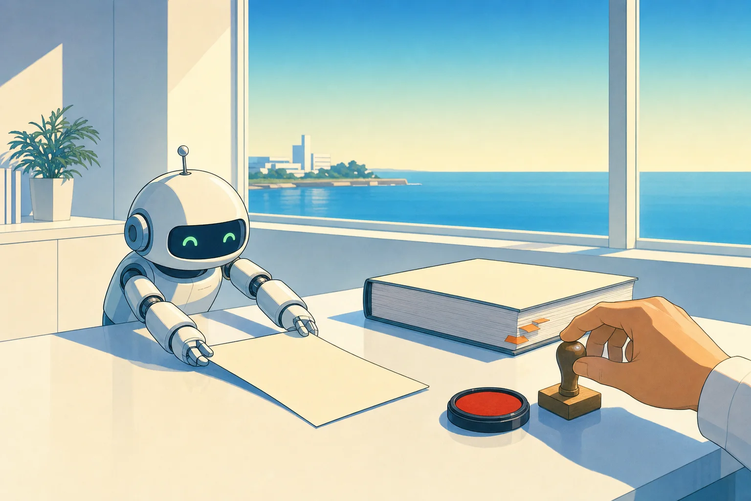 書類を差し出すロボットと印鑑