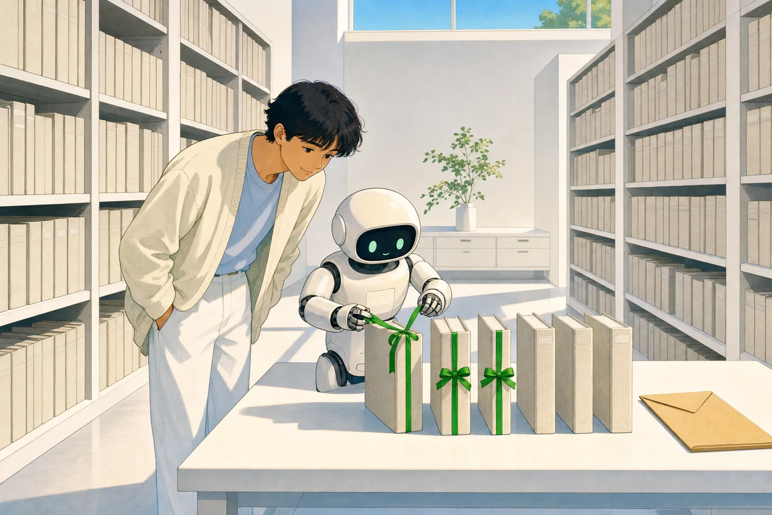 書庫で冊子に緑リボンを結ぶロボット