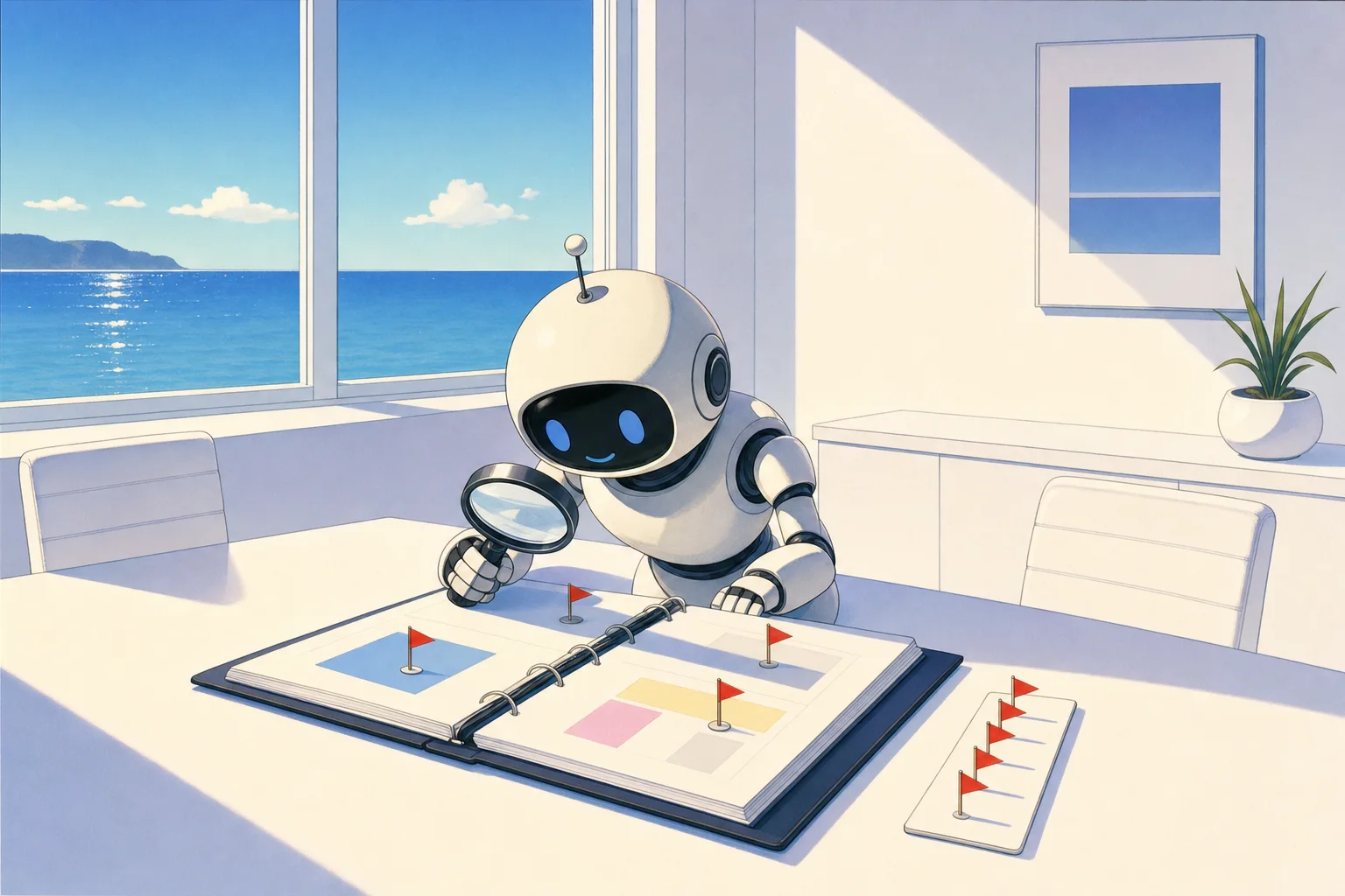 企画書を虫眼鏡で見るロボットと赤い旗