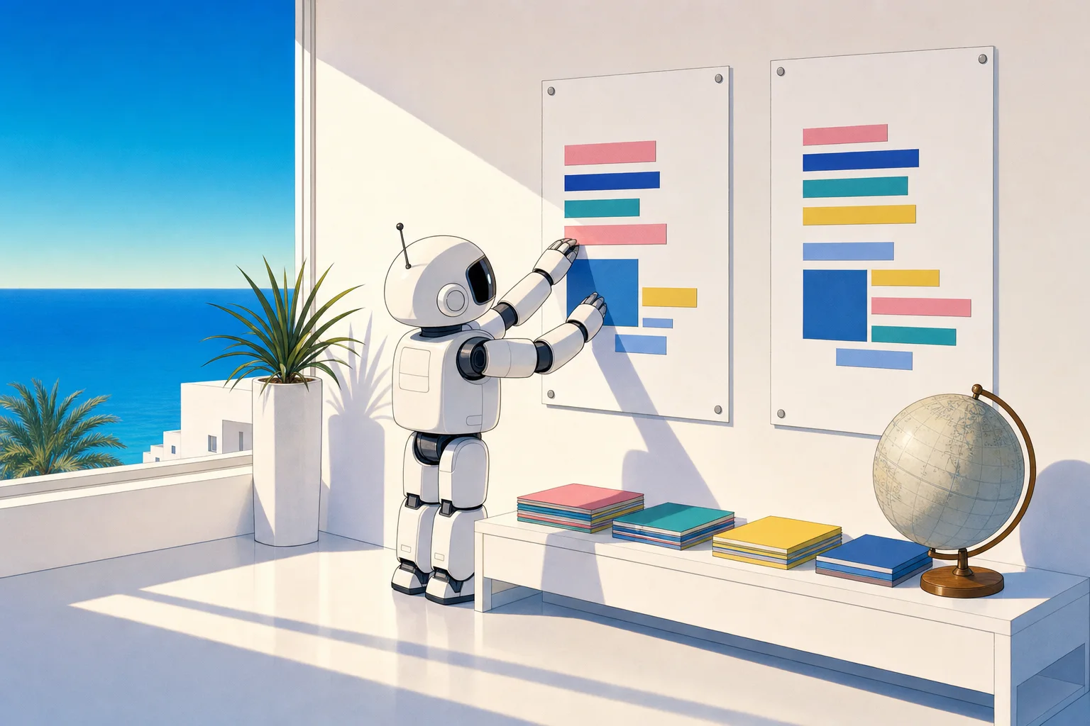 壁の白紙に色の帯を貼るロボット