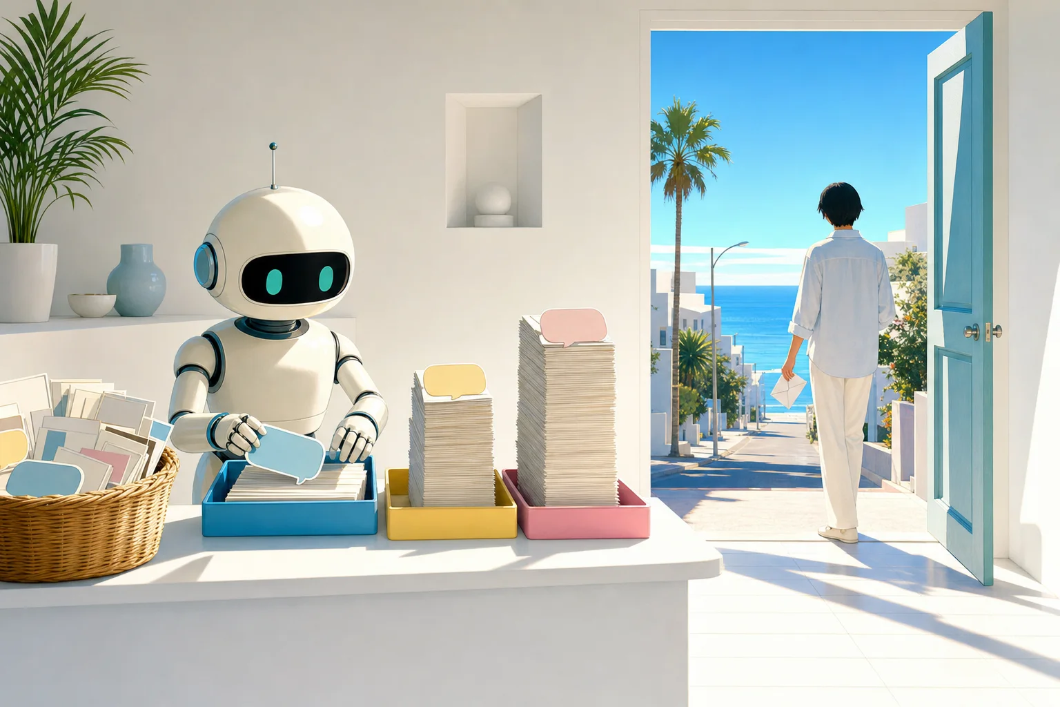 葉書を三つのトレイに仕分けるロボット