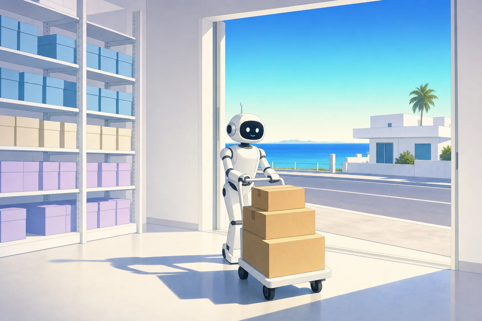 小包を積んだ台車を押すロボット