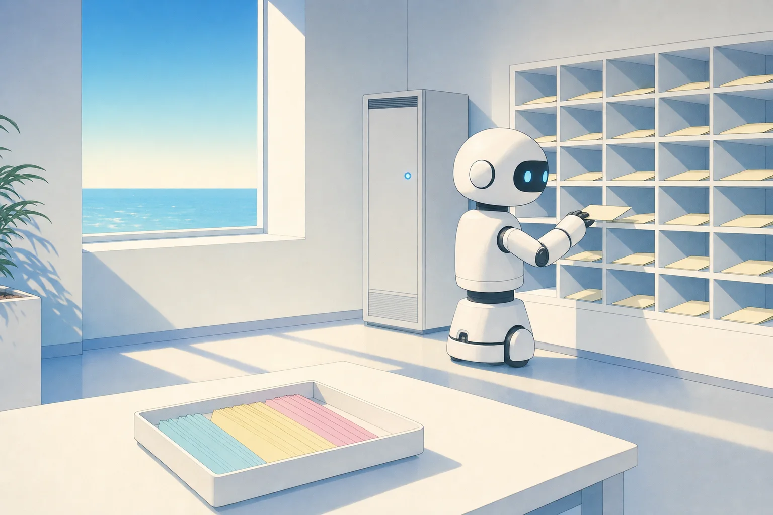 封筒を棚に仕分けるロボット