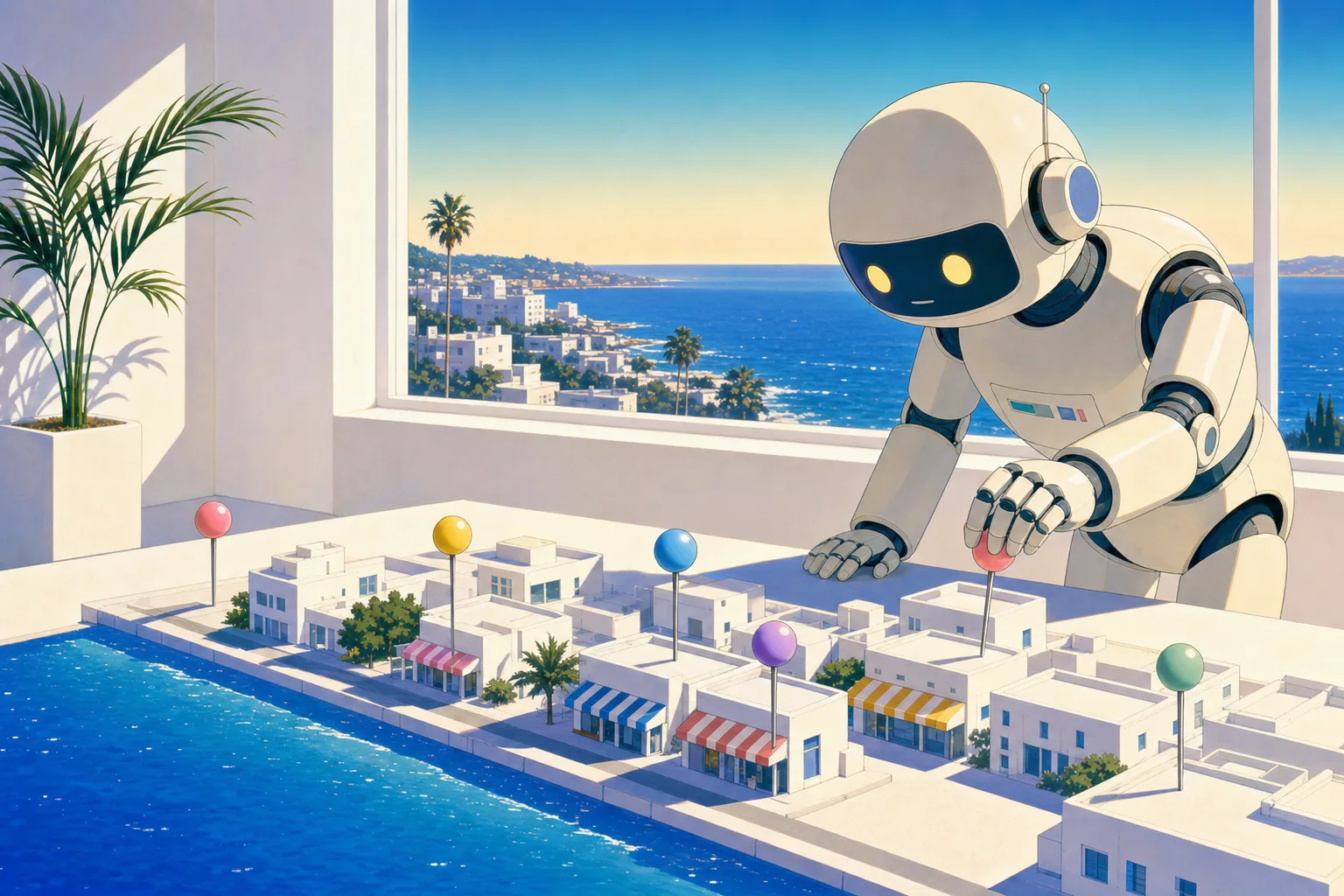町の模型に画鋲を立てるロボット
