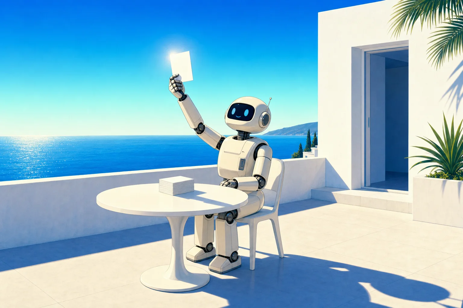 テラスで白いカードを掲げるロボット