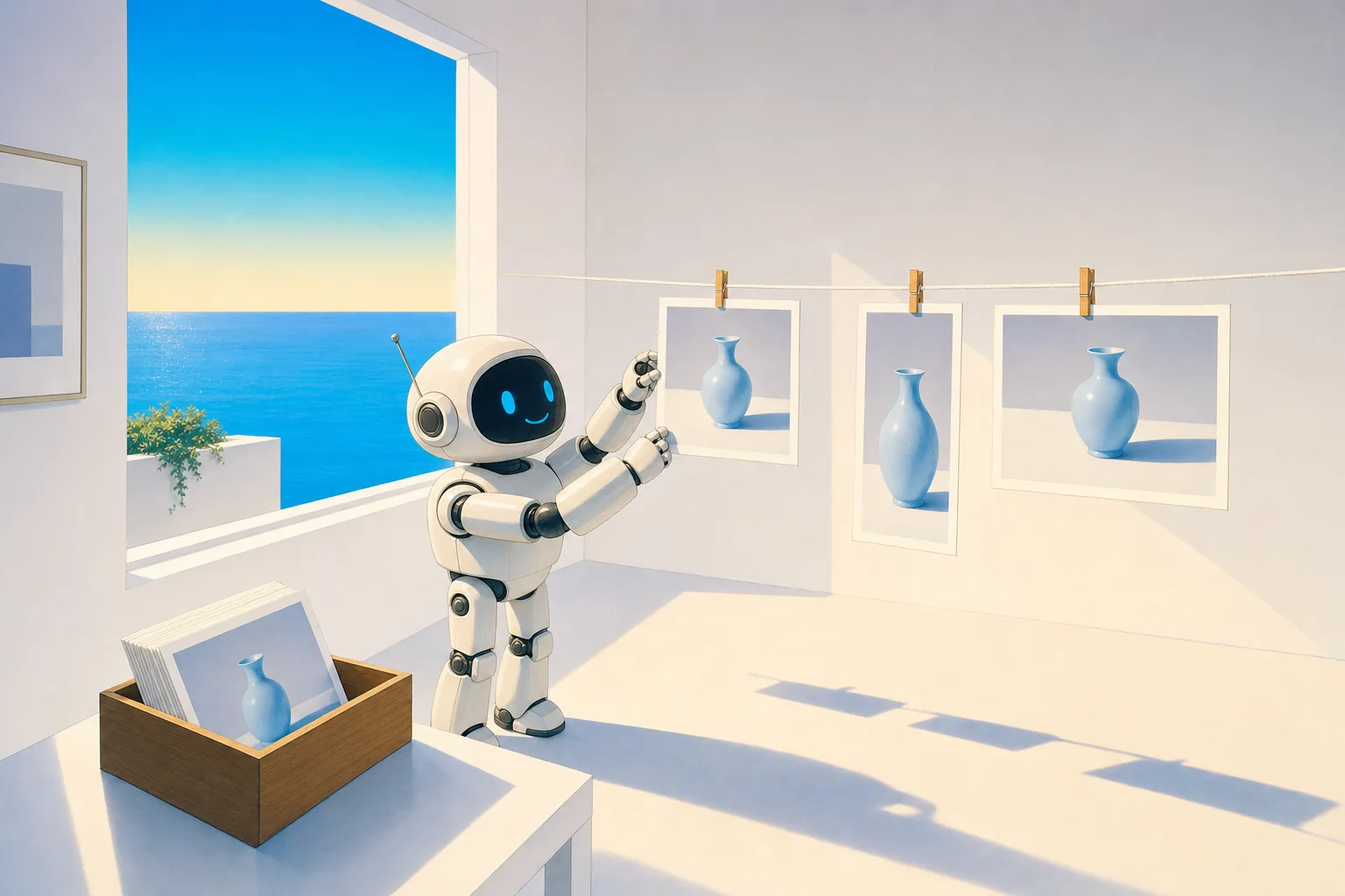 3種の形の写真を吊るすロボット