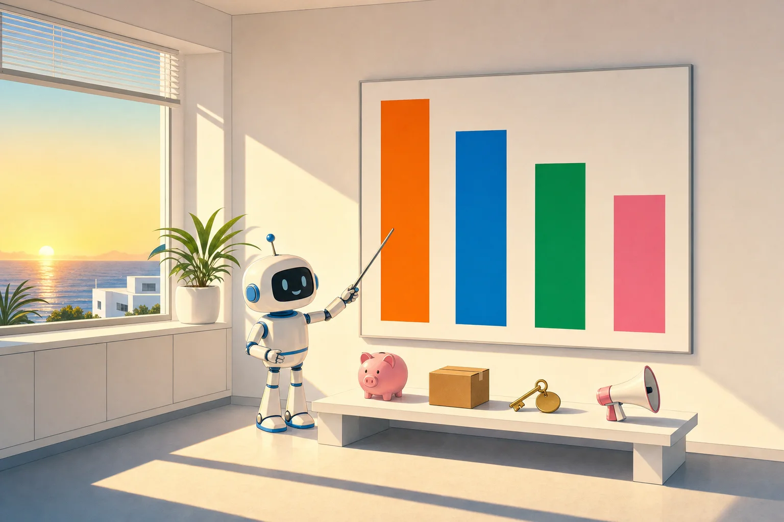 朝日の部屋で色の棒と貯金箱を指すロボット