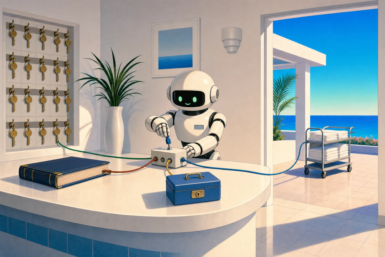 宿の受付でハブ箱にコードを差すロボット
