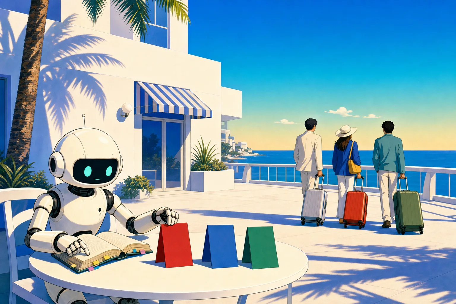 3色のカードを並べるロボットと旅行者