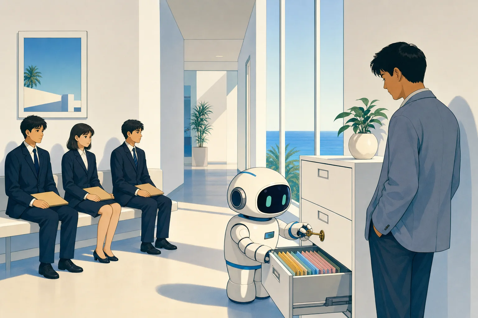 鍵で棚を開けるロボットと、ベンチの応募者