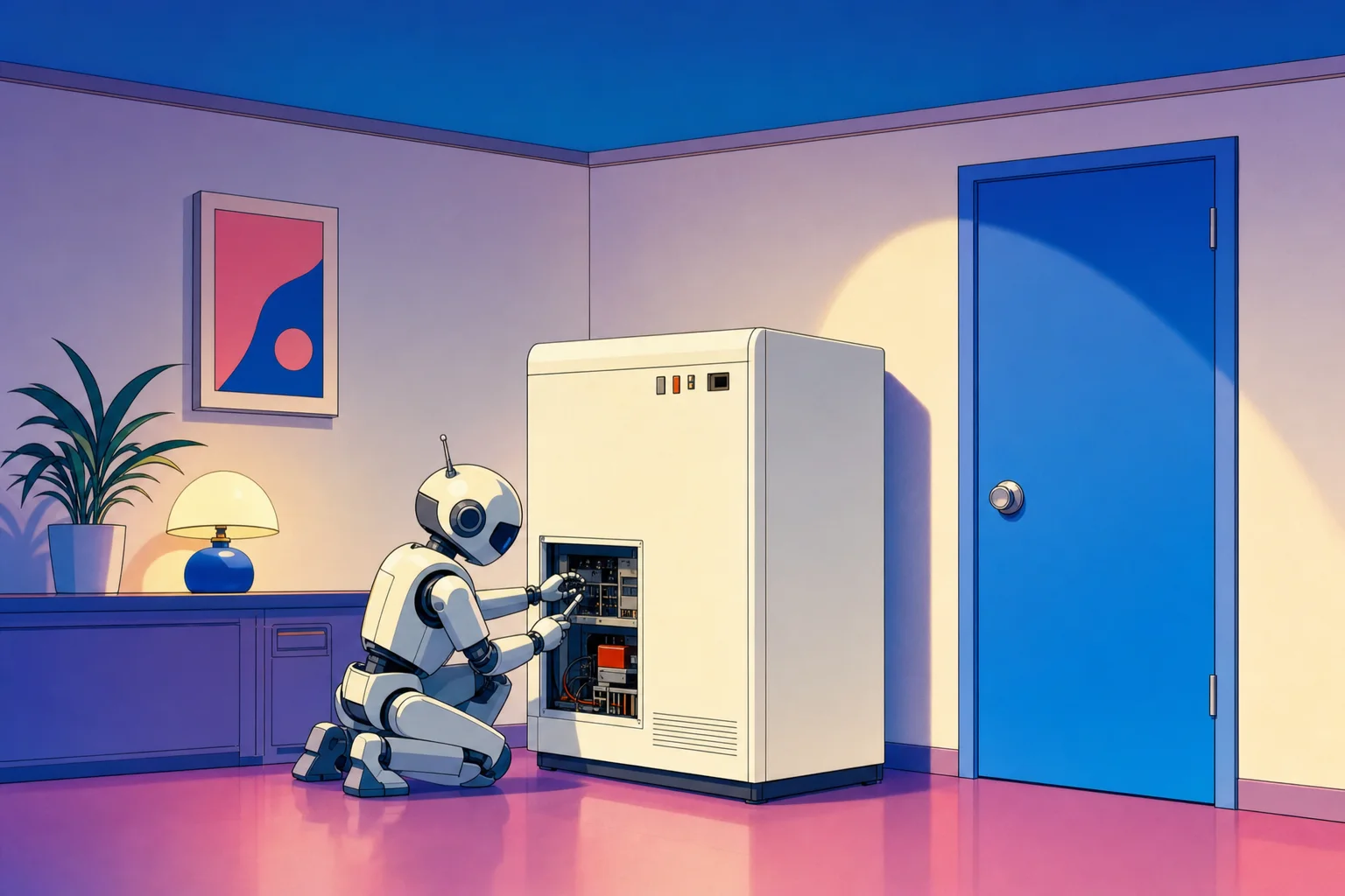 閉じた扉の部屋の中で働く機械とロボット
