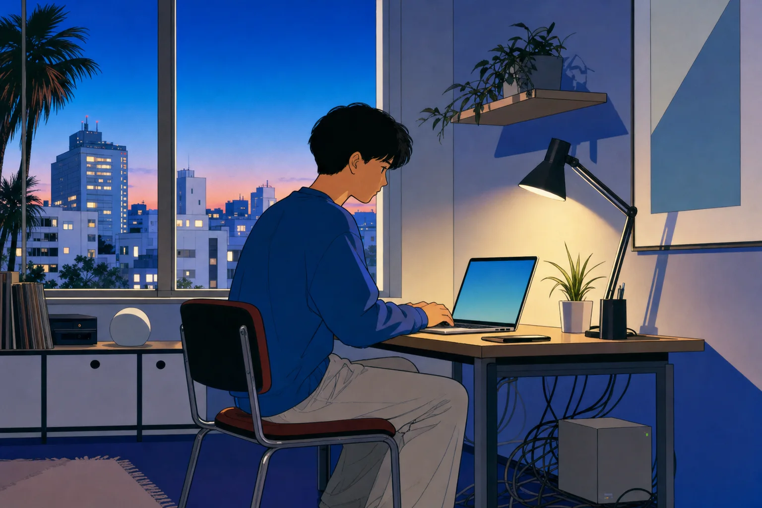 夜の自宅の机でノートPCと配線