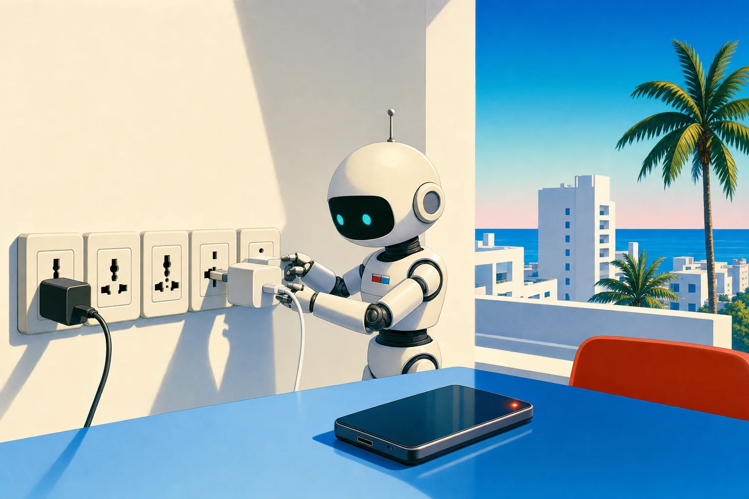差し込み口の壁とプラグを差すロボット