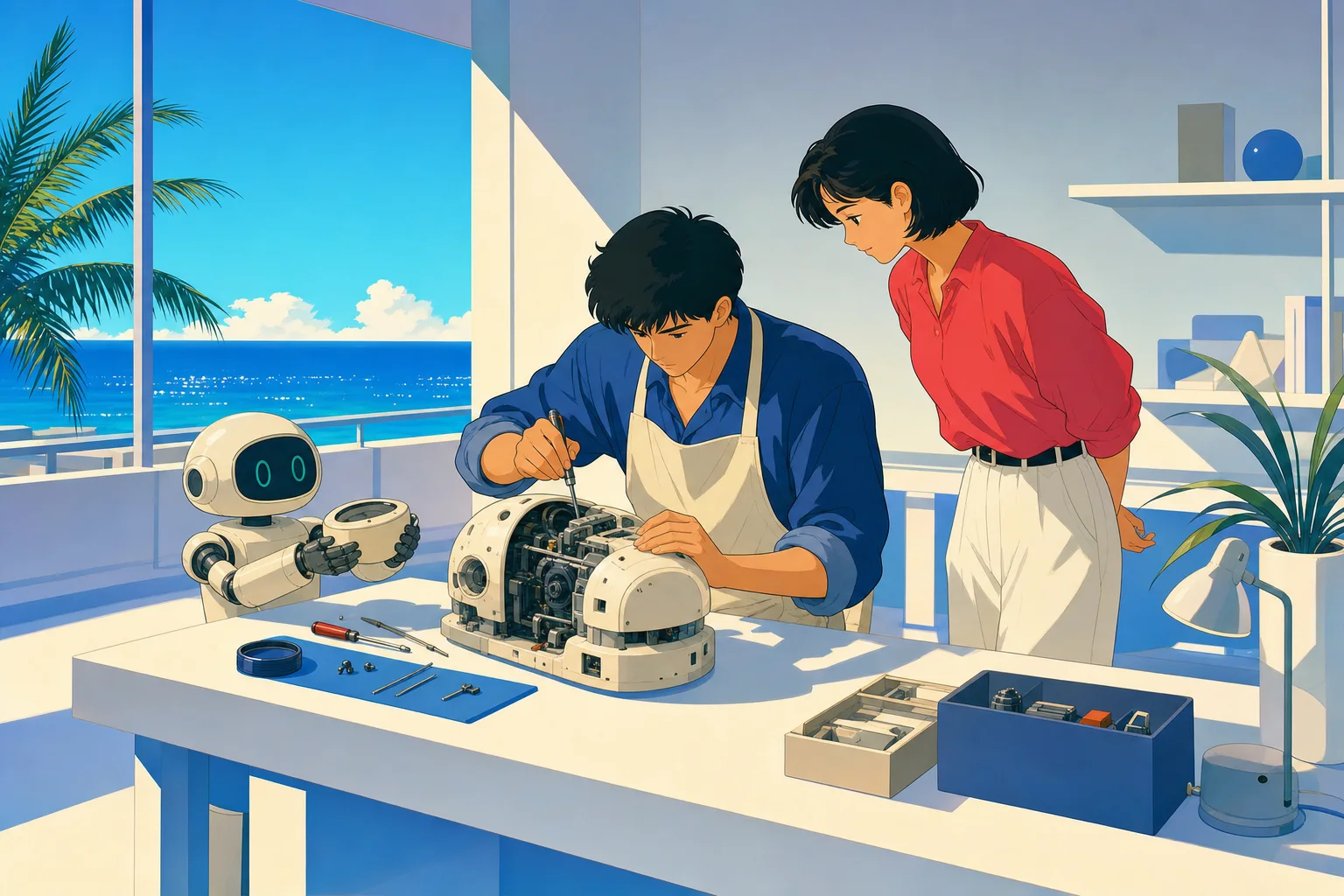作業台で手を動かす人と、手を出さずに見ている人