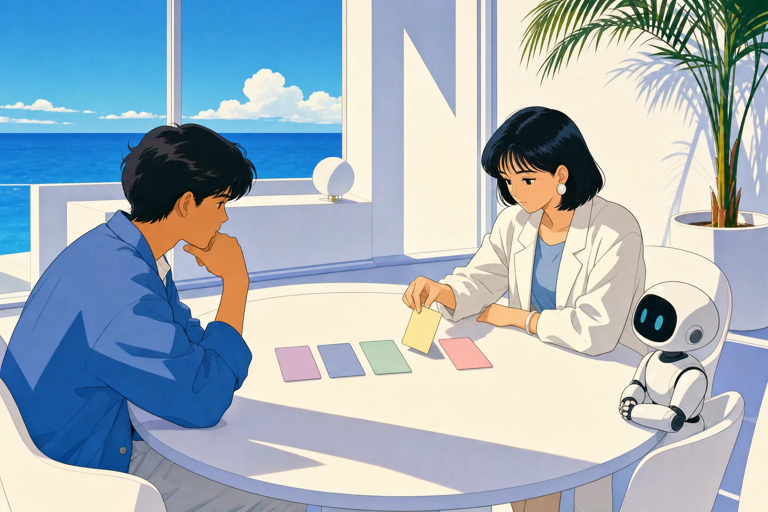 白い机で色の札を並べて次に作るものを選ぶ二人