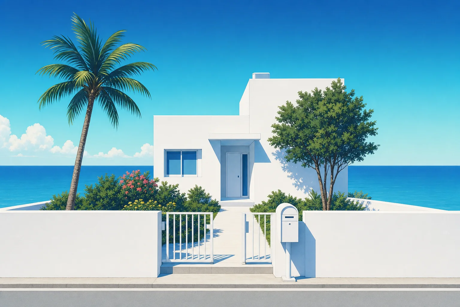海辺の白い区画と小さな建物