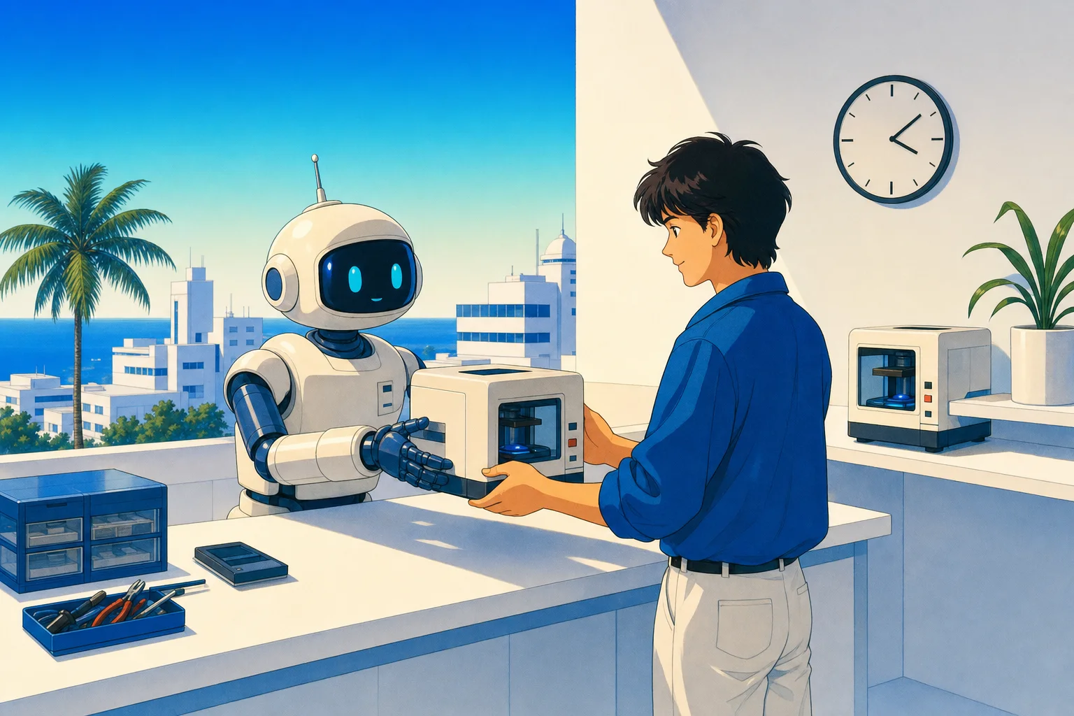 作業台でロボットが作った道具を手渡し、棚の道具がひとりで動く