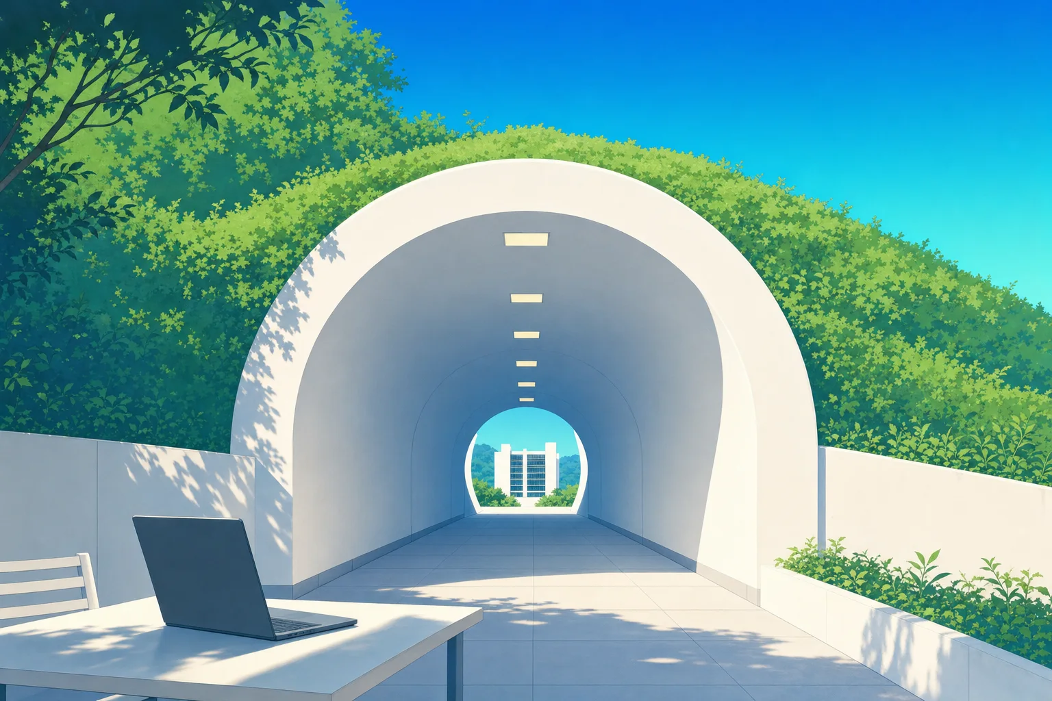 丘を貫く白いトンネルの先にサーバの建物