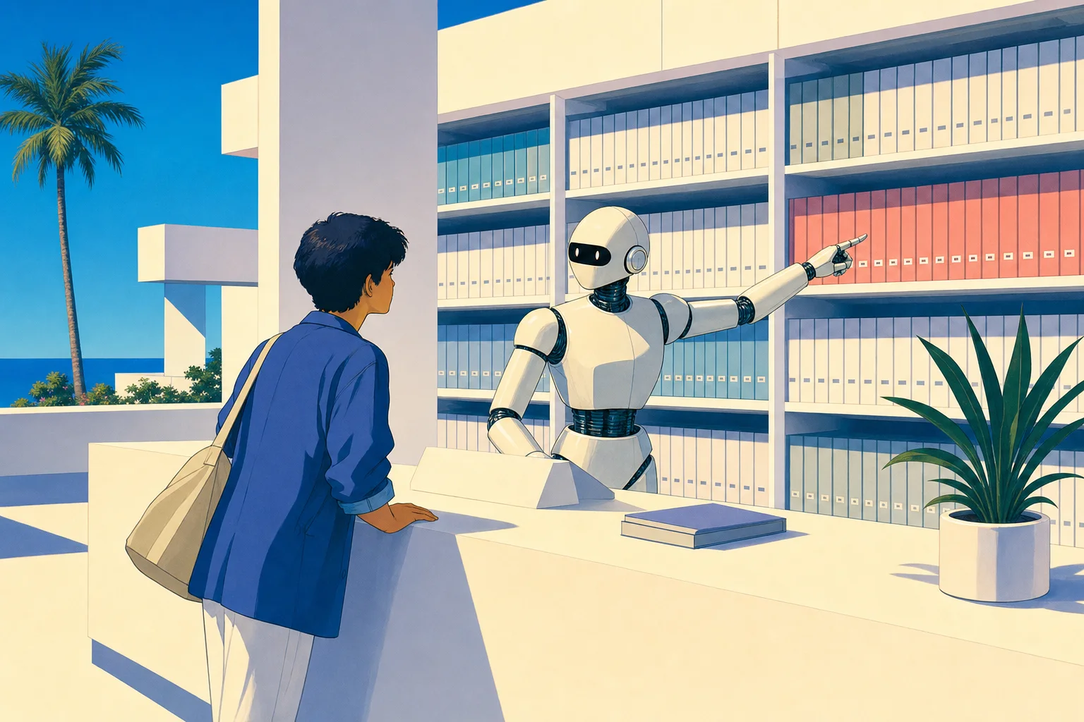 司書ロボットが棚を指し示す書庫