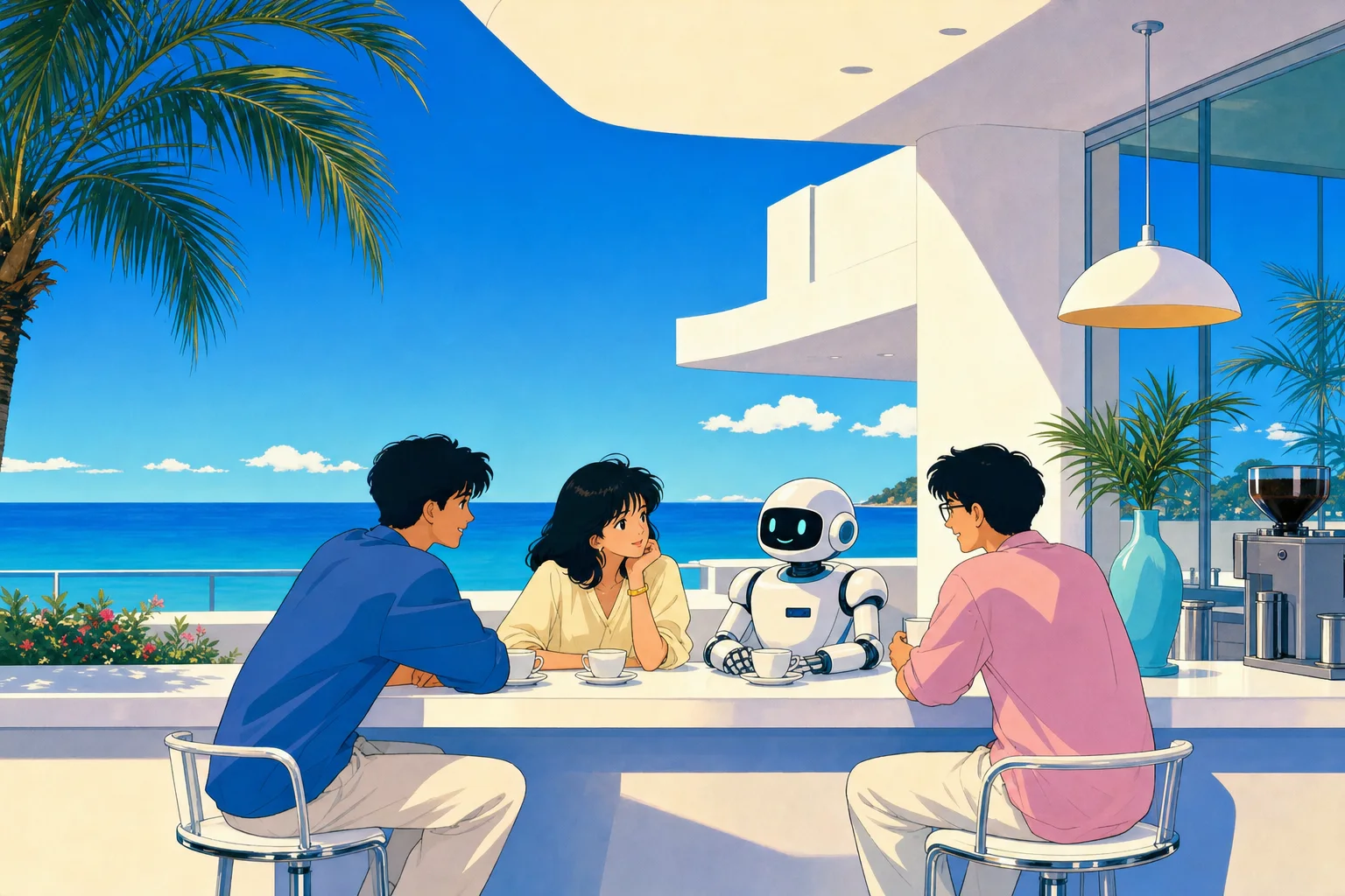 海辺のカフェのカウンターで人とロボットが話す