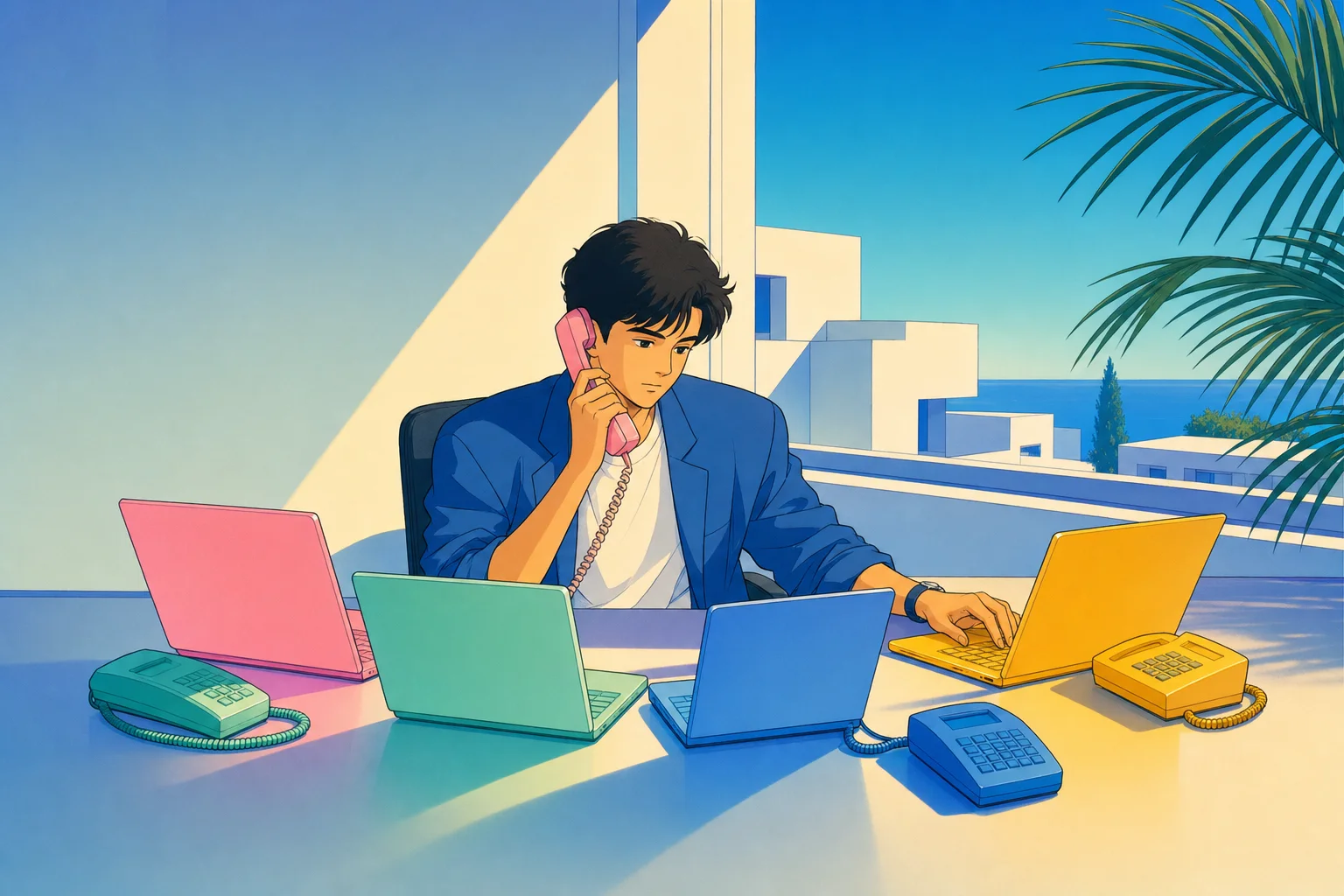 色の違う端末が並ぶ机で人が持ち替えている