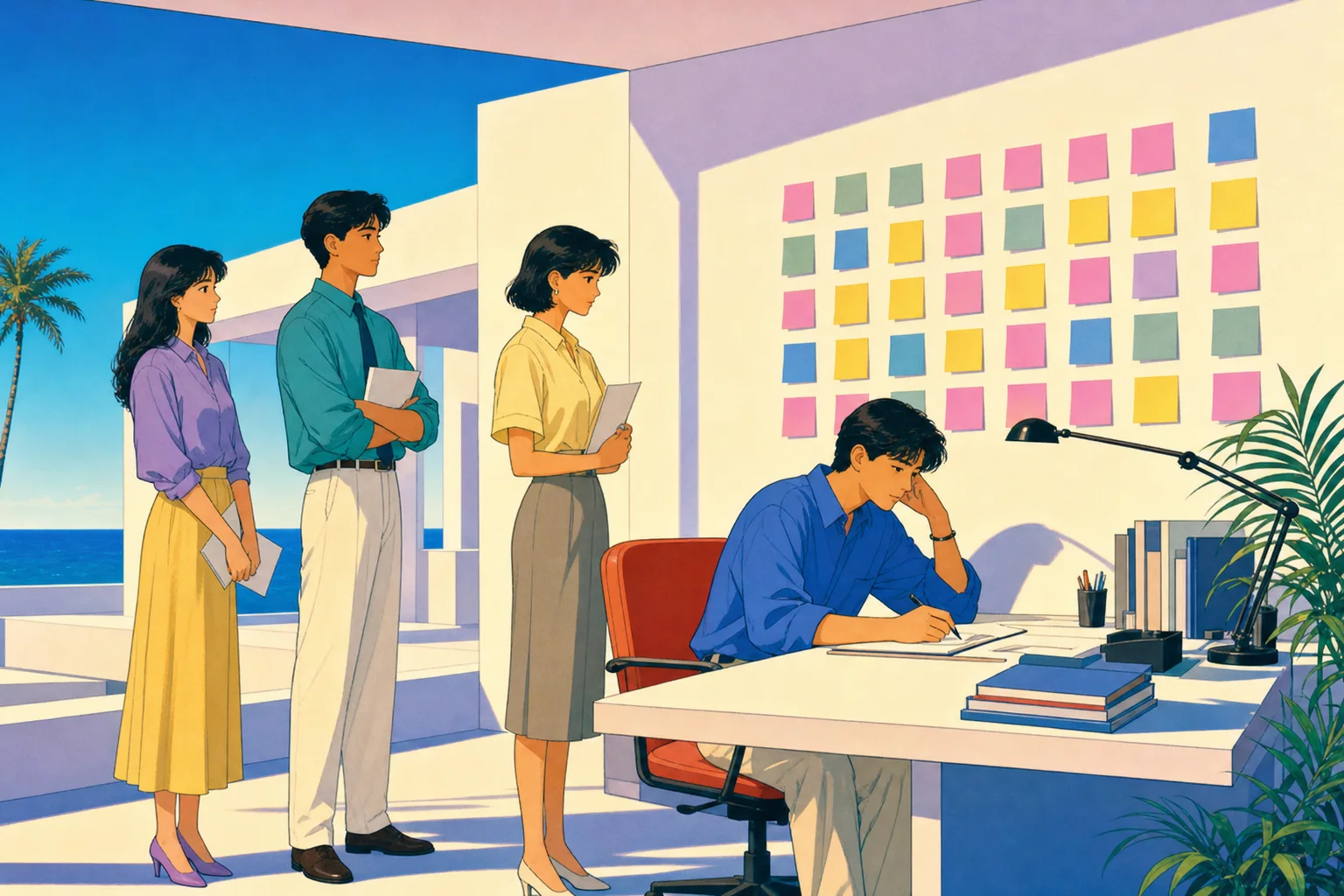 付箋の壁の前の人に質問の列ができている