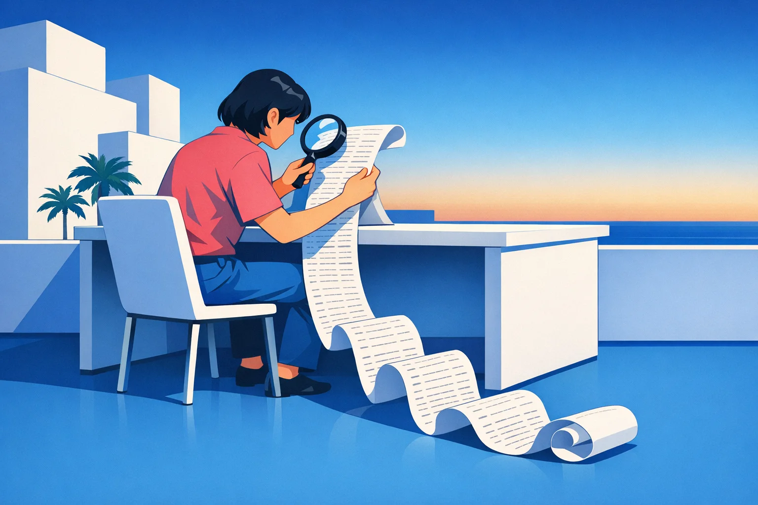 床まで伸びる長いレシートを虫眼鏡で読む人
