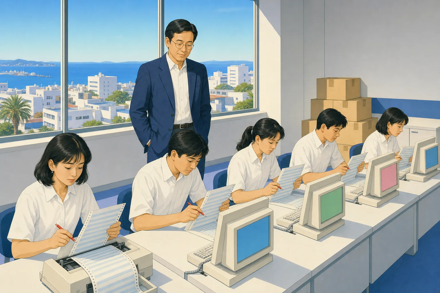 FAXの受信トレイに紙が積み上がり、その横で4人が黙って入力している