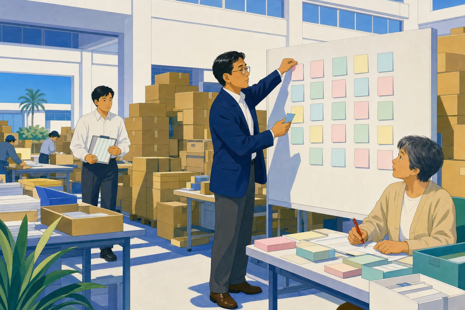 ホワイトボードに新しい読み替え表。付箋だらけ