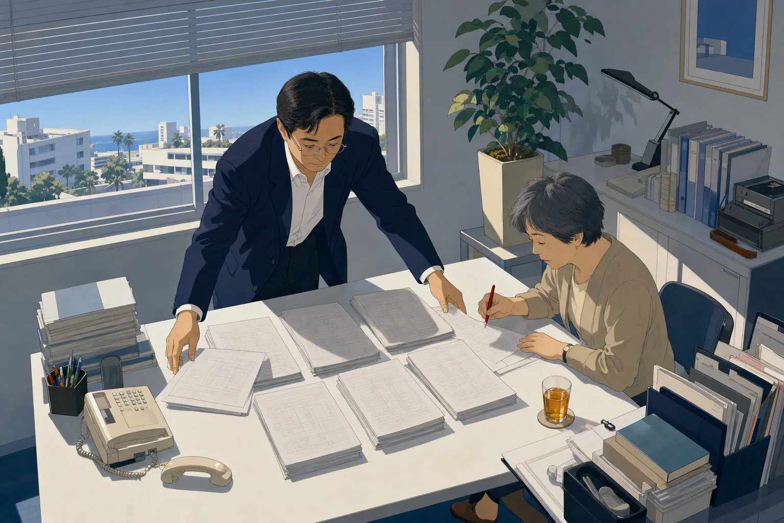机に9社分の規約をプリントして広げている