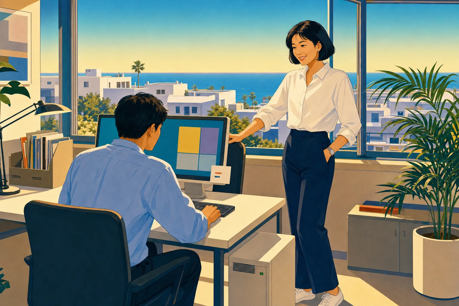 空いた席。後任が記憶の画面を開いて読んでいる
