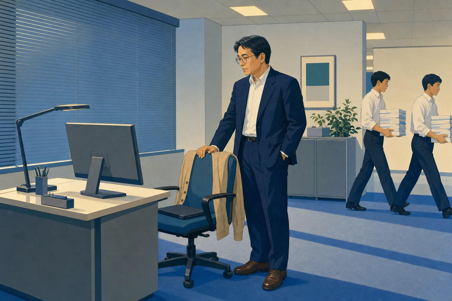 空いた席と返却されたノートPC。翌週、手書きに戻った請求書の束