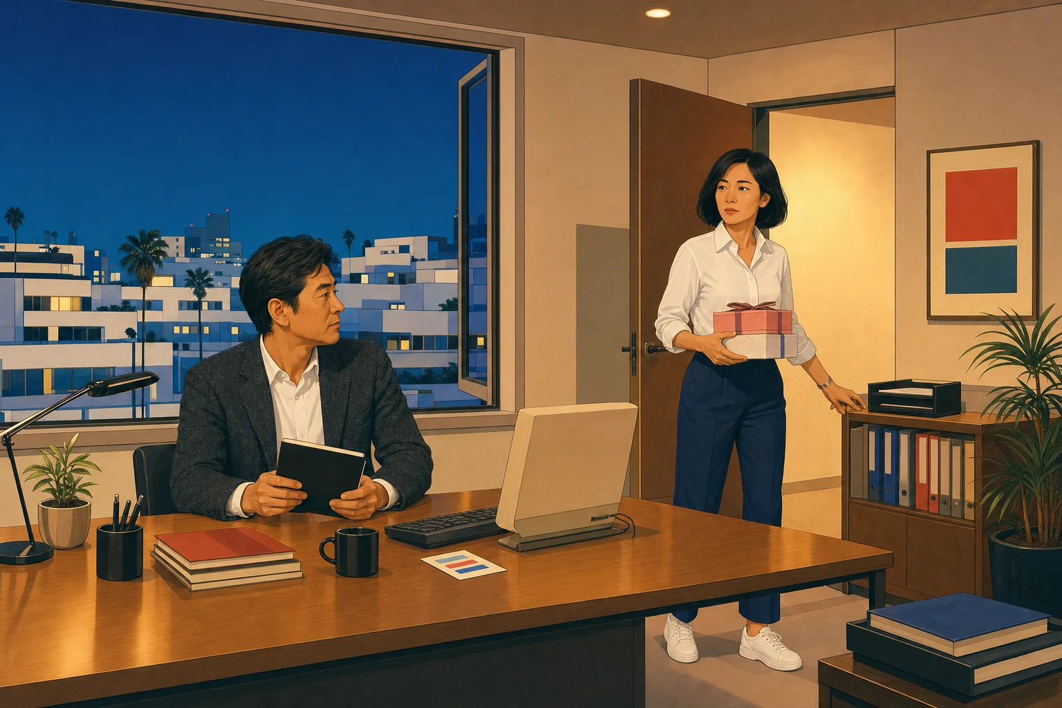 同じ夜。社長と井上さんが、菓子折りを持って3社を回っている