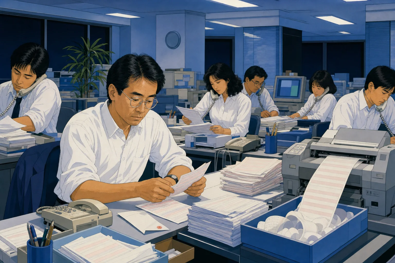夜の事務所。全員でFAXをさばいている