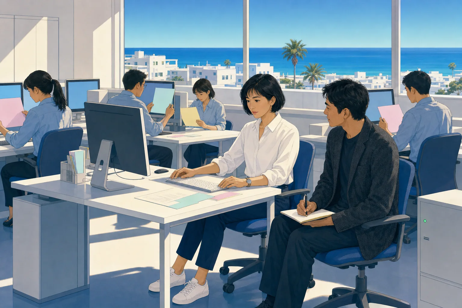 更地に建物の骨組み。ホワイトボードに「人の軸って何ですか」と書かれている