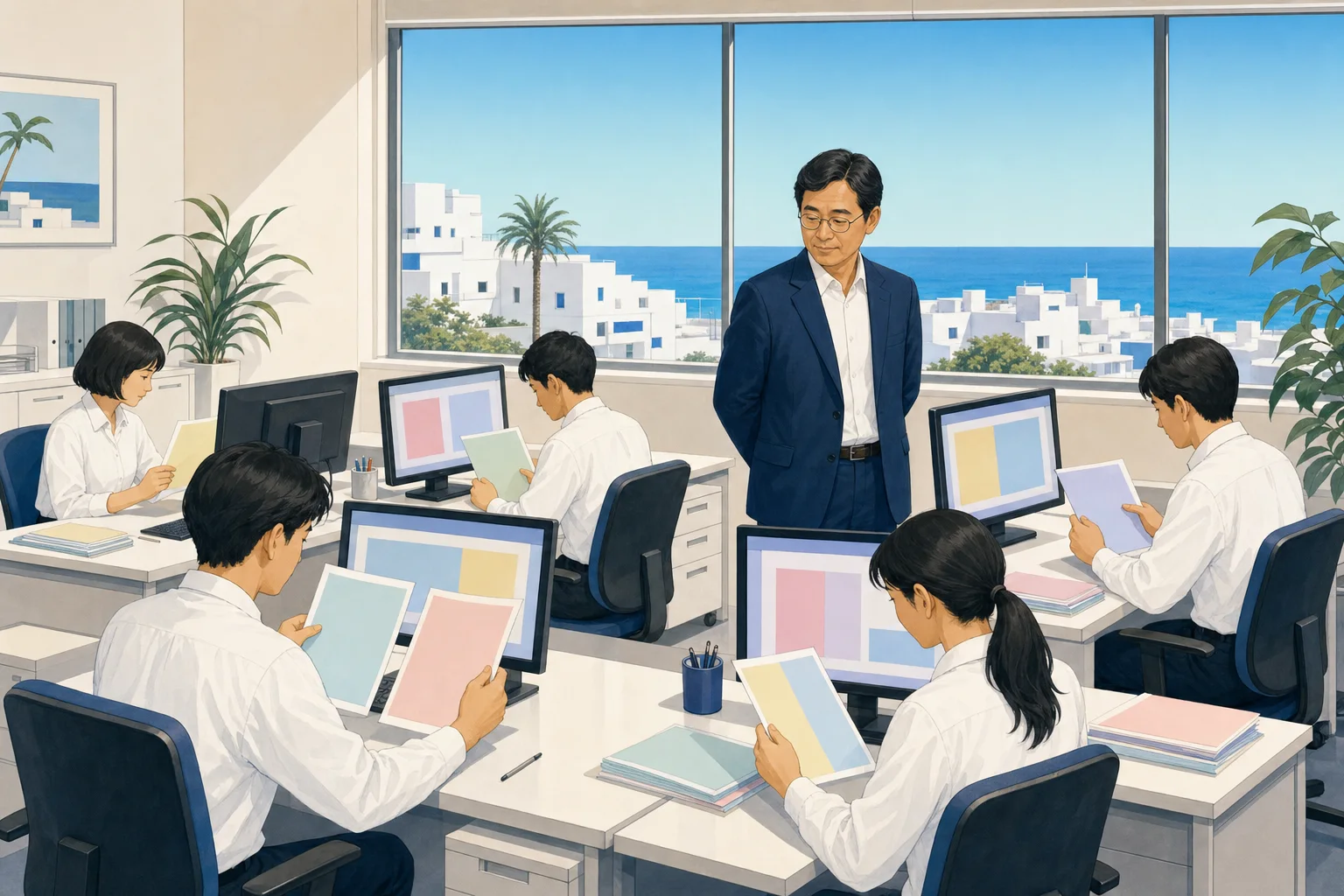 本部の島で5人が名簿のプリントを突き合わせている